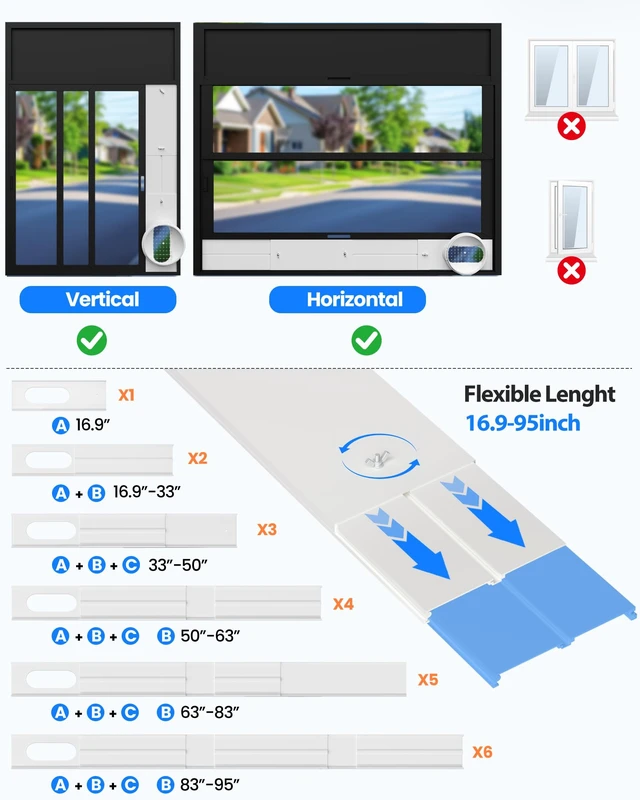 Alt view image 6 of 7 - Portable Air Conditioner Window Vent Kit- 5.9" Adjustable Plates 17" to 95" | 82" Length 5.9" Exhaust AC Hose, Universal Air Conditioner Vertical/Horizontal Window Seal Kits, for AC Unit Parts