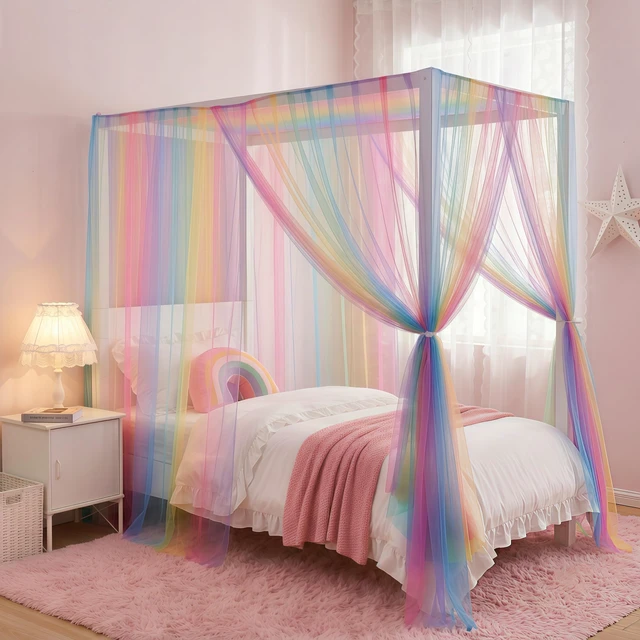 Alt view image 2 of 6 - JQWUPUP Rainbow Bed Canopy for Girls Kids, 4 Corner Post Princess Twin Canopy Bed Curtains for Bedroom Decor Gift