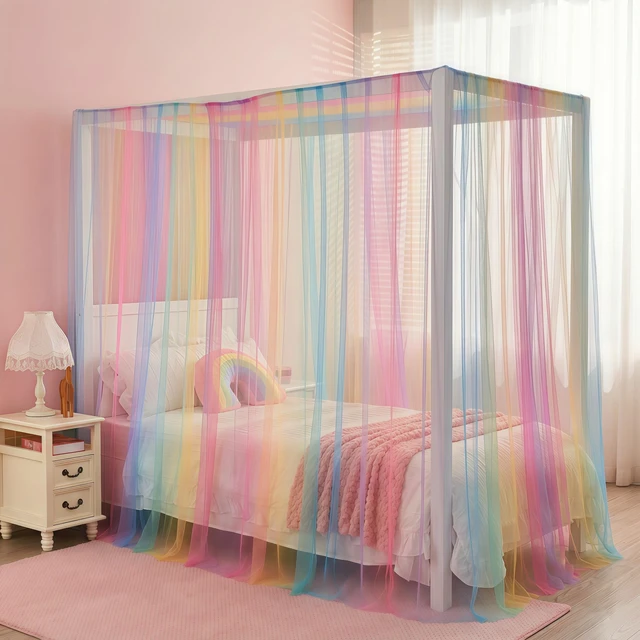 Alt view image 3 of 6 - JQWUPUP Rainbow Bed Canopy for Girls Kids, 4 Corner Post Princess Twin Canopy Bed Curtains for Bedroom Decor Gift