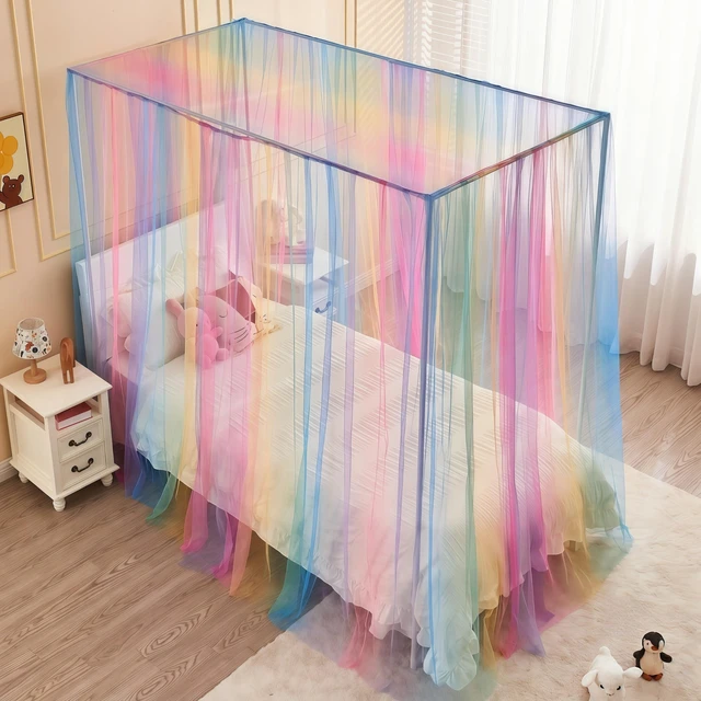 Alt view image 4 of 6 - JQWUPUP Rainbow Bed Canopy for Girls Kids, 4 Corner Post Princess Twin Canopy Bed Curtains for Bedroom Decor Gift