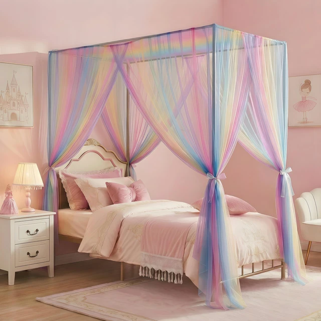 Alt view image 6 of 6 - JQWUPUP Rainbow Bed Canopy for Girls Kids, 4 Corner Post Princess Twin Canopy Bed Curtains for Bedroom Decor Gift