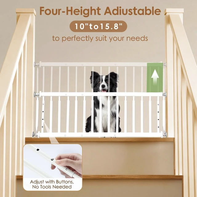 Alt view image 2 of 7 - Yoochee 10''-15.8'' Height Adjustable Dog Gate, Extra Wide 18.1"-46" All Metal Short Dog Gate to Step Over, Pressure Mount Small Pet Puppy Gate for Stairs & Doorways(White)