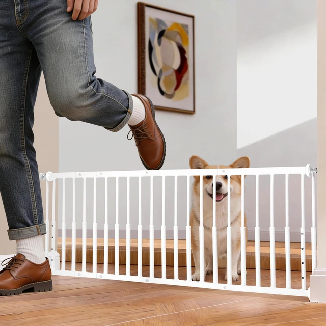 Alt view image 3 of 7 - Yoochee 10''-15.8'' Height Adjustable Dog Gate, Extra Wide 18.1"-46" All Metal Short Dog Gate to Step Over, Pressure Mount Small Pet Puppy Gate for Stairs & Doorways(White)