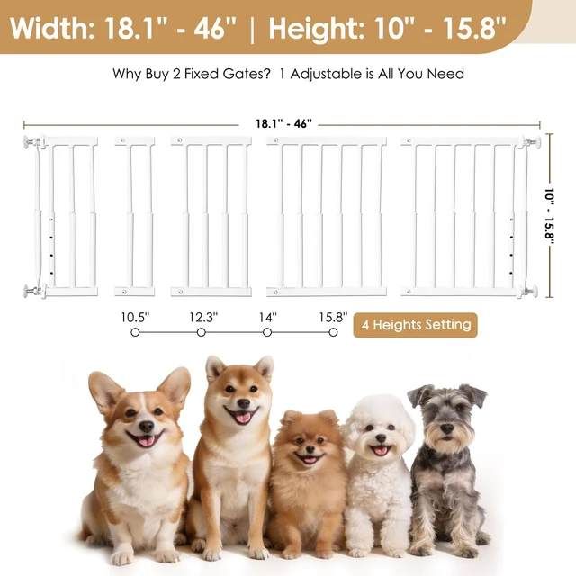 Alt view image 4 of 7 - Yoochee 10''-15.8'' Height Adjustable Dog Gate, Extra Wide 18.1"-46" All Metal Short Dog Gate to Step Over, Pressure Mount Small Pet Puppy Gate for Stairs & Doorways(White)