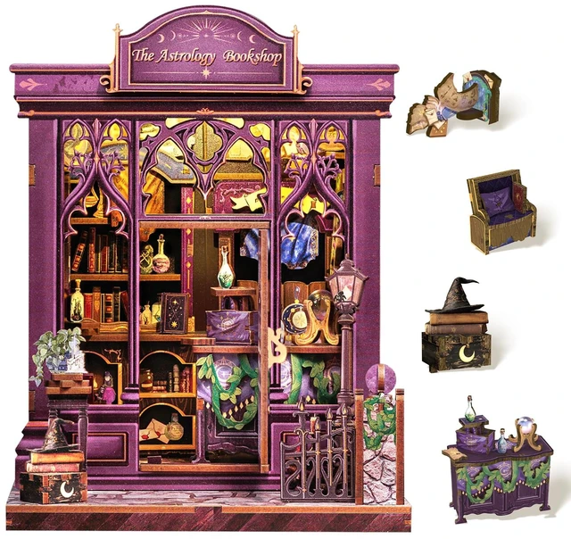 Main image of Cutefun Book Nook Kit for Adults - The Astrology Bookshop | 3D Wooden Puzzle DIY Miniature Dollhouse Kit Bookshelf Insert Decor with LED Light, Gifts for Book Lovers and Beginners