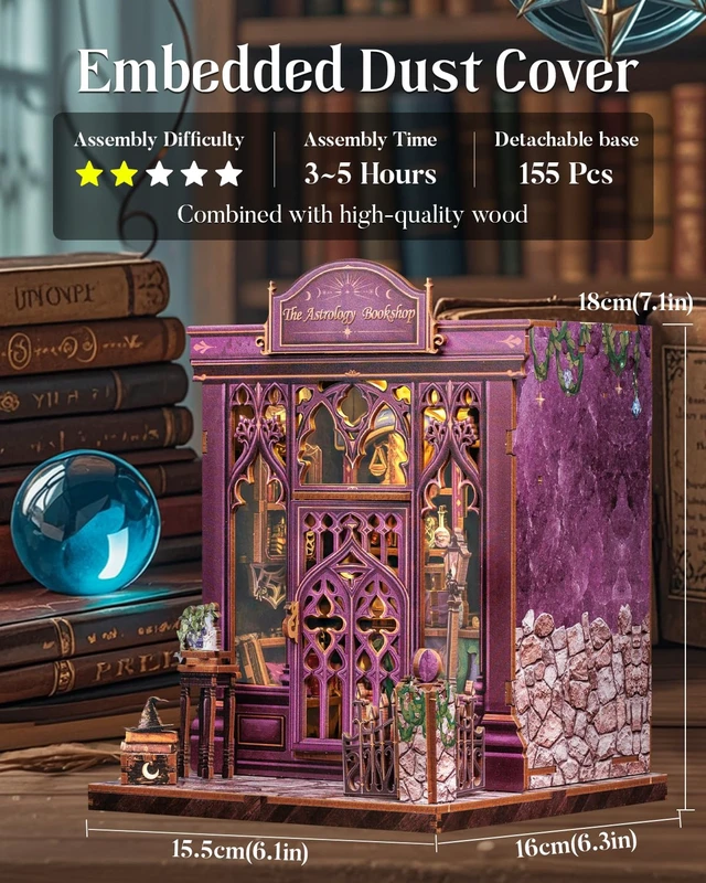 Alt view image 4 of 7 - Cutefun Book Nook Kit for Adults - The Astrology Bookshop | 3D Wooden Puzzle DIY Miniature Dollhouse Kit Bookshelf Insert Decor with LED Light, Gifts for Book Lovers and Beginners