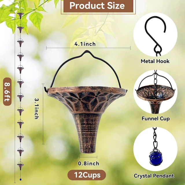 Alt view image 2 of 7 - CBAXEAXM 8.7FT Bronze Rain Chain 12 Bell Cups Gutter Downspout Replacement | Bronze Finish, Replaces Gutter Downspouts, Fits Eaves Drainage, Decorative Outdoor Garden Yard Art