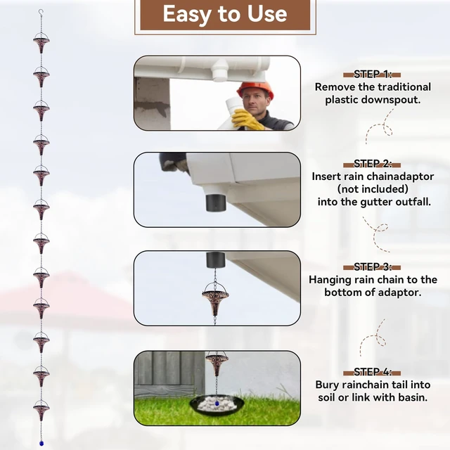 Alt view image 4 of 7 - CBAXEAXM 8.7FT Bronze Rain Chain 12 Bell Cups Gutter Downspout Replacement | Bronze Finish, Replaces Gutter Downspouts, Fits Eaves Drainage, Decorative Outdoor Garden Yard Art