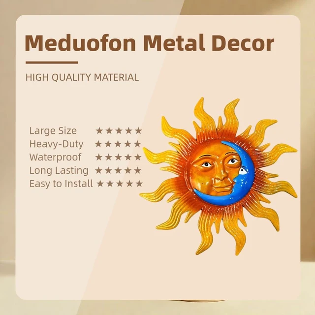 Alt view image 3 of 7 - 25.7'' Large Size Metal Sun Outdoor Wall Art Decor, Sun&Moon Outside Metal Art Rust Proof Wall Sculpture, Ideal for for Yard, Bedroom, Patio, Garden, Fence, Deck Pool Home and Farmhouse (Large sun)