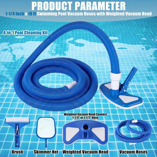 Alt view image 2 of 6 - 4-in-1 Pool Vacuum with Hose for Above Ground Pool | 1-1/4" x 16 ft Vacuum Hoses, Weighted Vacuum Head, Fits 1-1/4" or 1-1/2" Hose, Brush & Skimmer Net Included, Not Include Pole