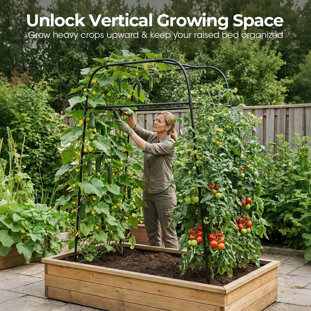 Alt view image 2 of 7 - Garden Arch Trellis for Climbing Plants, 83" High Metal Cucumber Trellis & Tomato Cage, Rustproof Steel Tunnel Support for Squash, Pumpkin, Vegetables with Screw Fixation (32.3" L x 39.4" W)