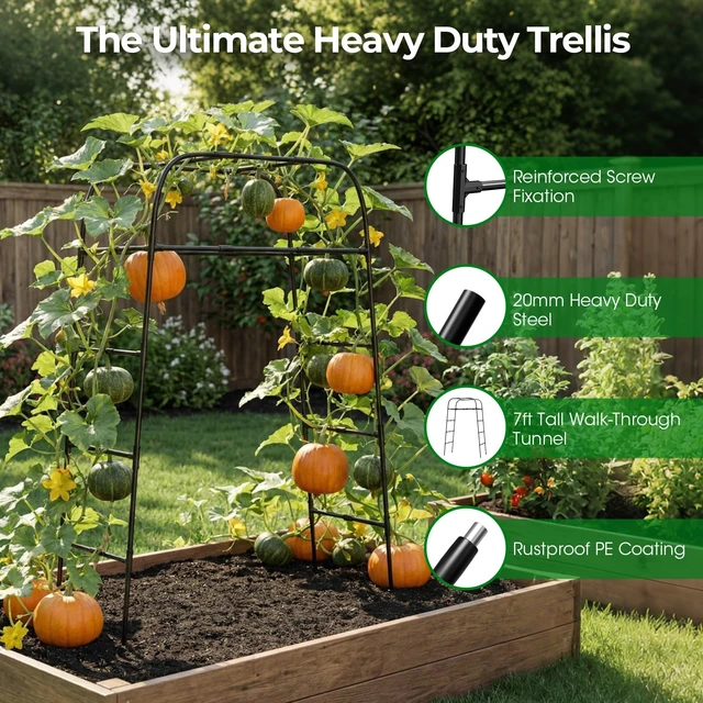 Alt view image 3 of 7 - Garden Arch Trellis for Climbing Plants, 83" High Metal Cucumber Trellis & Tomato Cage, Rustproof Steel Tunnel Support for Squash, Pumpkin, Vegetables with Screw Fixation (32.3" L x 39.4" W)