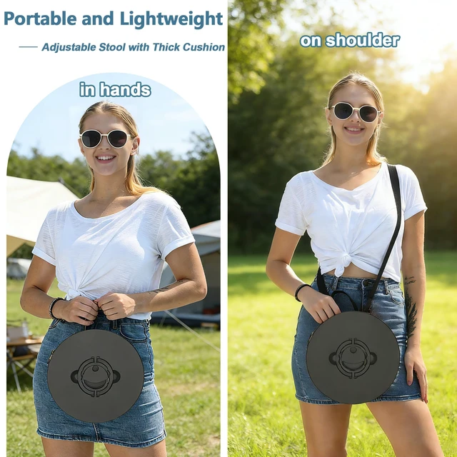 Alt view image 2 of 7 - XXL 19.7" Cushioned Collapsible Stool for Adults, Folding Seat, 1000 lbs | Heavy-duty big & Tall stool, Telescoping 2.7-19.7in adjustable, 360 swivel Pad + BBQ; travel, sports, camping Hiking
