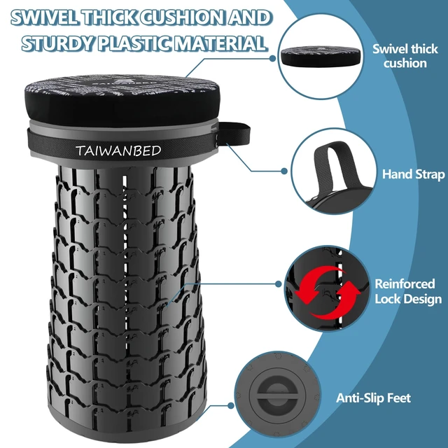 Alt view image 3 of 7 - XXL 19.7" Cushioned Collapsible Stool for Adults, Folding Seat, 1000 lbs | Heavy-duty big & Tall stool, Telescoping 2.7-19.7in adjustable, 360 swivel Pad + BBQ; travel, sports, camping Hiking