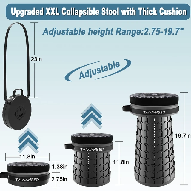 Alt view image 4 of 7 - XXL 19.7" Cushioned Collapsible Stool for Adults, Folding Seat, 1000 lbs | Heavy-duty big & Tall stool, Telescoping 2.7-19.7in adjustable, 360 swivel Pad + BBQ; travel, sports, camping Hiking
