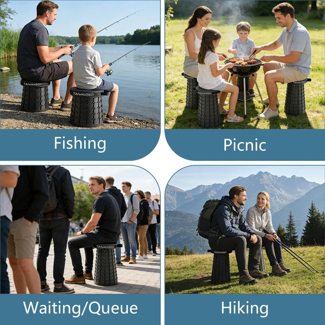 Alt view image 6 of 7 - XXL 19.7" Cushioned Collapsible Stool for Adults, Folding Seat, 1000 lbs | Heavy-duty big & Tall stool, Telescoping 2.7-19.7in adjustable, 360 swivel Pad + BBQ; travel, sports, camping Hiking
