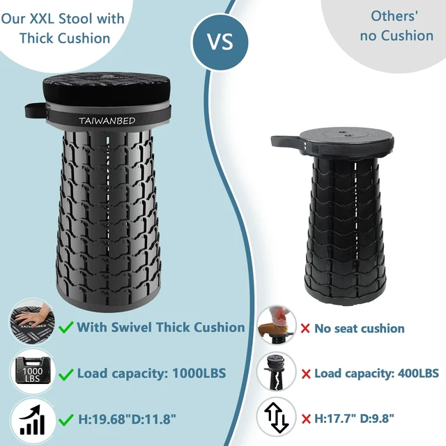Alt view image 7 of 7 - XXL 19.7" Cushioned Collapsible Stool for Adults, Folding Seat, 1000 lbs | Heavy-duty big & Tall stool, Telescoping 2.7-19.7in adjustable, 360 swivel Pad + BBQ; travel, sports, camping Hiking