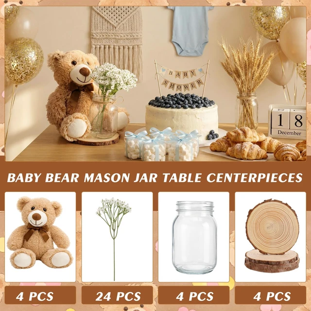 Alt view image 4 of 7 - Guiqulai 37Pcs Bear Baby Shower Centerpieces Brown White Mason Jar | Bear Centerpieces, Brown White Mason Jar, Wood Slices Rope, for Baby Shower, Gender Reveal, and Birthday Party