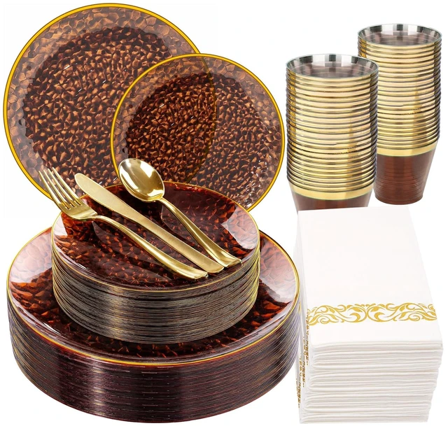 Main image of Rubtlamp 175 Pcs Plastic Dinnerware Set (25 Guests), Amber And Gold Plastic Plates, Hammered Party Plates Set Include Dinner Plates, Dessert Plates, Cups, Cutlery Set And Napkins for Wedding And Party