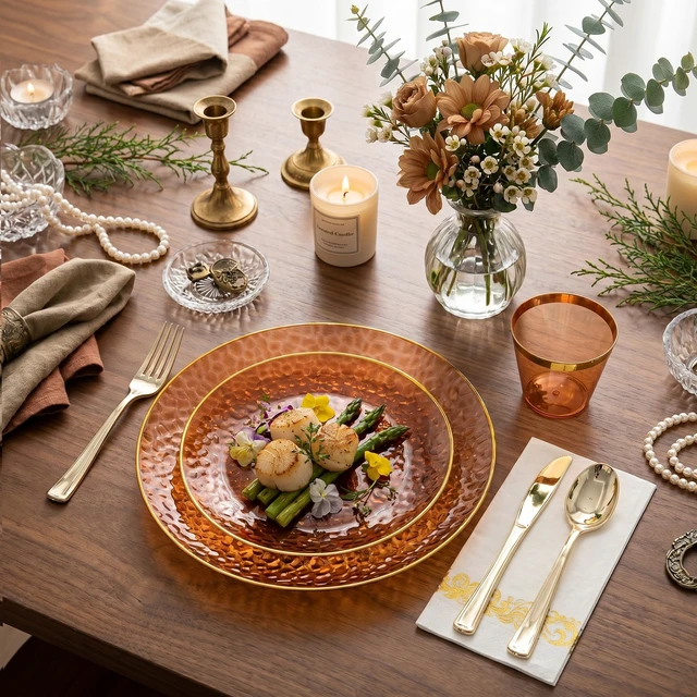 Alt view image 3 of 7 - Rubtlamp 175 Pcs Plastic Dinnerware Set (25 Guests), Amber And Gold Plastic Plates, Hammered Party Plates Set Include Dinner Plates, Dessert Plates, Cups, Cutlery Set And Napkins for Wedding And Party