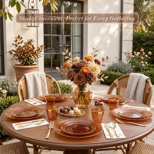 Alt view image 2 of 7 - Rubtlamp 175 Pcs Plastic Dinnerware Set (25 Guests), Amber And Gold Plastic Plates, Hammered Party Plates Set Include Dinner Plates, Dessert Plates, Cups, Cutlery Set And Napkins for Wedding And Party