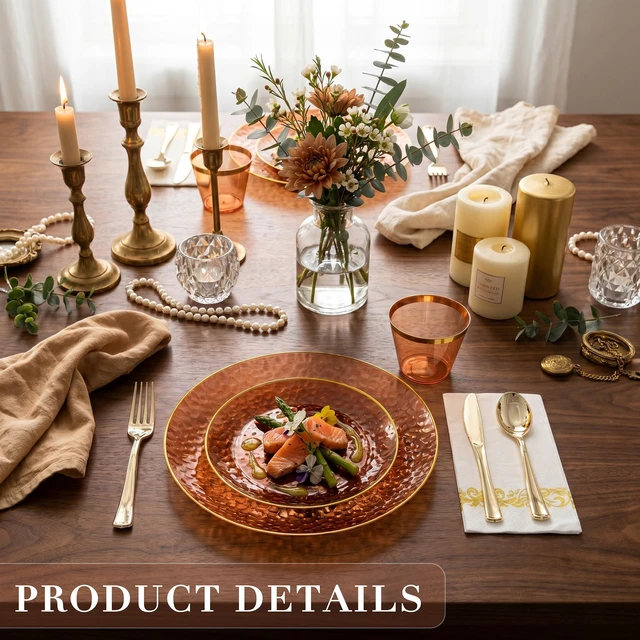 Alt view image 4 of 7 - Rubtlamp 175 Pcs Plastic Dinnerware Set (25 Guests), Amber And Gold Plastic Plates, Hammered Party Plates Set Include Dinner Plates, Dessert Plates, Cups, Cutlery Set And Napkins for Wedding And Party