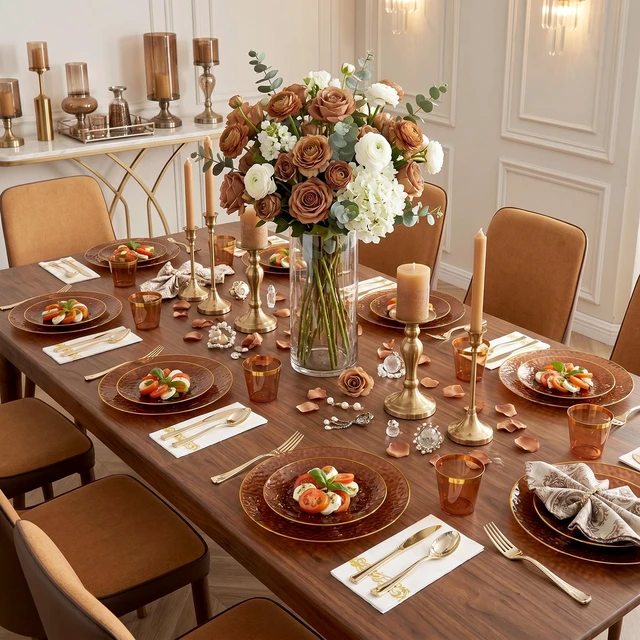 Alt view image 5 of 7 - Rubtlamp 175 Pcs Plastic Dinnerware Set (25 Guests), Amber And Gold Plastic Plates, Hammered Party Plates Set Include Dinner Plates, Dessert Plates, Cups, Cutlery Set And Napkins for Wedding And Party