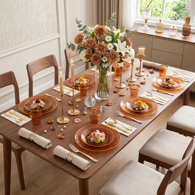 Alt view image 7 of 7 - Rubtlamp 175 Pcs Plastic Dinnerware Set (25 Guests), Amber And Gold Plastic Plates, Hammered Party Plates Set Include Dinner Plates, Dessert Plates, Cups, Cutlery Set And Napkins for Wedding And Party