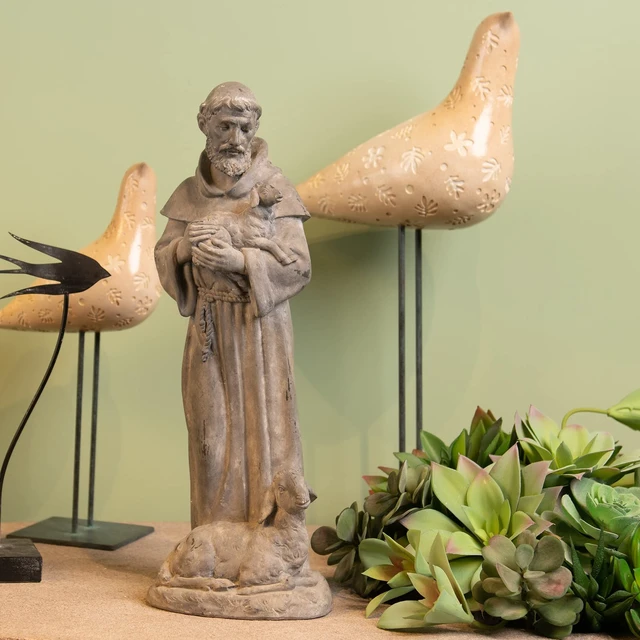 Alt view image 2 of 7 - Newman House Studio Vintage St Francis Garden Statue - 15.2 Inch Resin Patron of Animal Figurine Saint Francis Sculpture with Sheep for Garden Decor