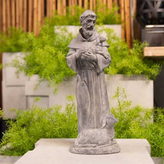 Alt view image 3 of 7 - Newman House Studio Vintage St Francis Garden Statue - 15.2 Inch Resin Patron of Animal Figurine Saint Francis Sculpture with Sheep for Garden Decor