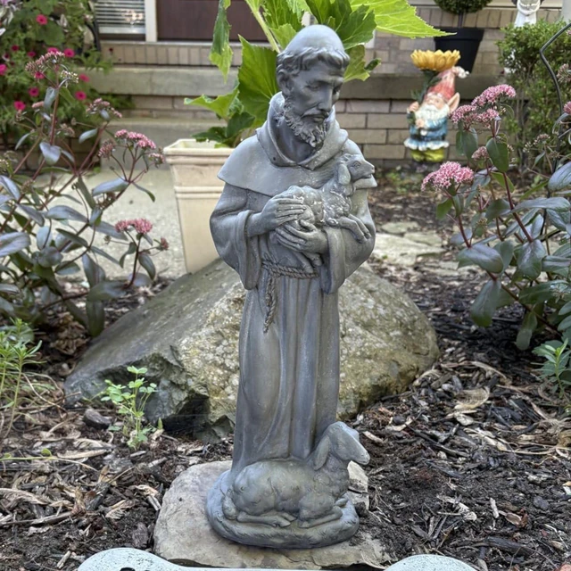 Alt view image 6 of 7 - Newman House Studio Vintage St Francis Garden Statue - 15.2 Inch Resin Patron of Animal Figurine Saint Francis Sculpture with Sheep for Garden Decor