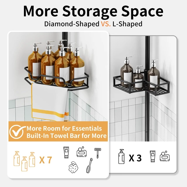 Alt view image 2 of 7 - KEGII Corner Shower Caddy Tension Pole, Large Capacity Organizer, Black | Easy Installation with Towel Bar and Hooks, Adjustable 25-114.2 inch Rod for Shampoo, Bath Essentials and Family Bathrooms