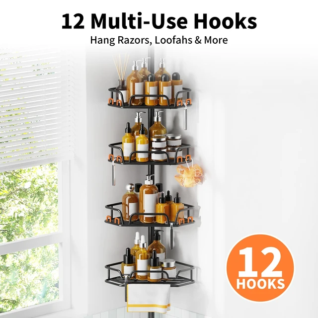 Alt view image 4 of 7 - KEGII Corner Shower Caddy Tension Pole, Large Capacity Organizer, Black | Easy Installation with Towel Bar and Hooks, Adjustable 25-114.2 inch Rod for Shampoo, Bath Essentials and Family Bathrooms