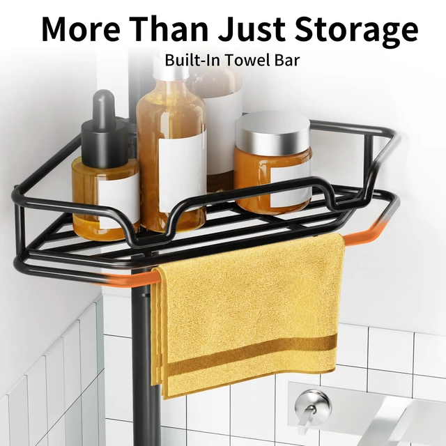 Alt view image 5 of 7 - KEGII Corner Shower Caddy Tension Pole, Large Capacity Organizer, Black | Easy Installation with Towel Bar and Hooks, Adjustable 25-114.2 inch Rod for Shampoo, Bath Essentials and Family Bathrooms