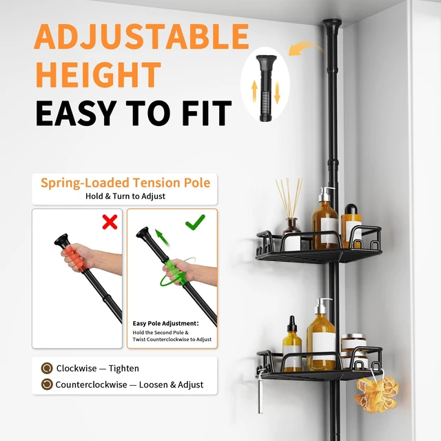 Alt view image 7 of 7 - KEGII Corner Shower Caddy Tension Pole, Large Capacity Organizer, Black | Easy Installation with Towel Bar and Hooks, Adjustable 25-114.2 inch Rod for Shampoo, Bath Essentials and Family Bathrooms