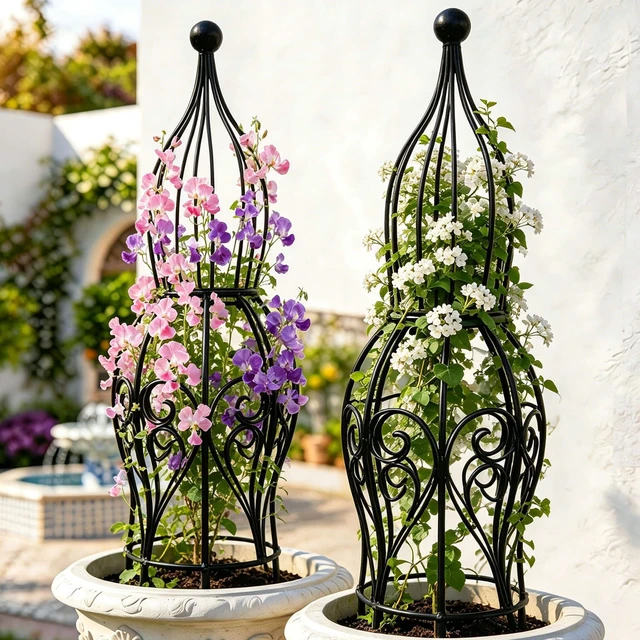 Alt view image 2 of 7 - 2-Pack Metal Garden Obelisk Trellis, 26.4" Butterfly Rose Plant Support | fits 9-12in planters,metal topiary trellis for roses clematis ivy jasmine, 2-pack patio outdoor plant support