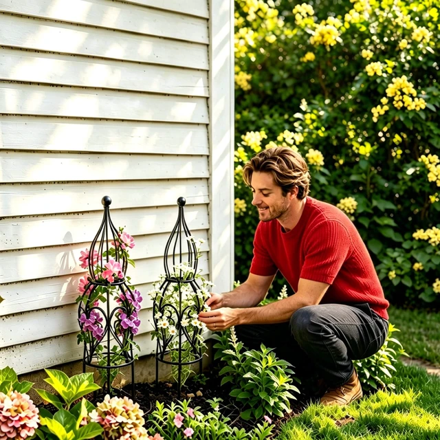 Alt view image 4 of 7 - 2-Pack Metal Garden Obelisk Trellis, 26.4" Butterfly Rose Plant Support | fits 9-12in planters,metal topiary trellis for roses clematis ivy jasmine, 2-pack patio outdoor plant support