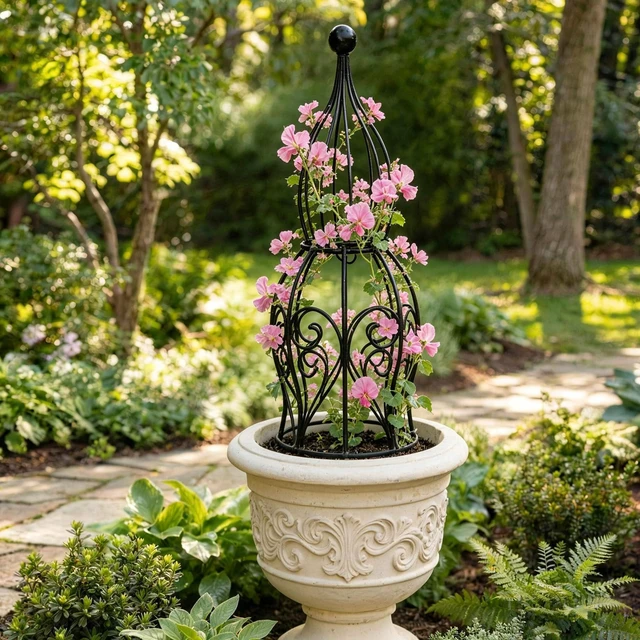 Alt view image 5 of 7 - 2-Pack Metal Garden Obelisk Trellis, 26.4" Butterfly Rose Plant Support | fits 9-12in planters,metal topiary trellis for roses clematis ivy jasmine, 2-pack patio outdoor plant support