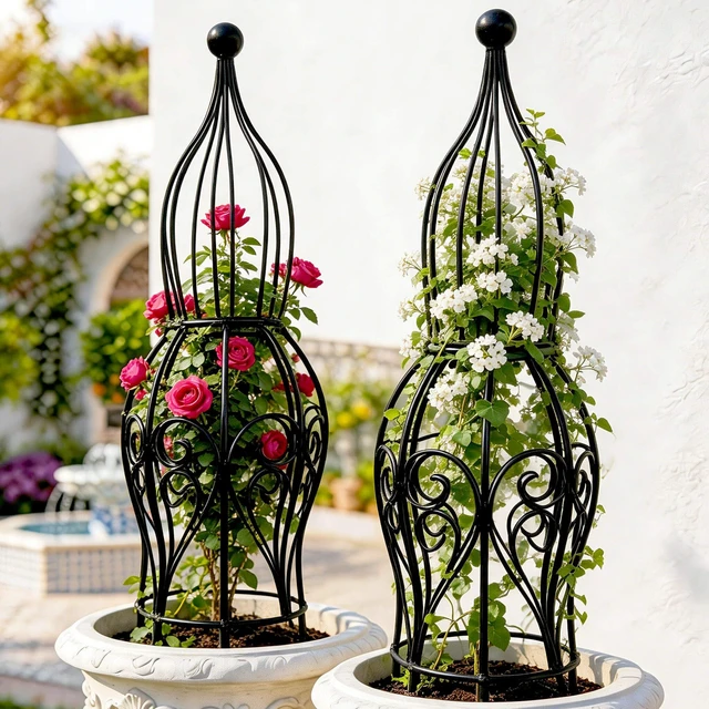 Alt view image 6 of 7 - 2-Pack Metal Garden Obelisk Trellis, 26.4" Butterfly Rose Plant Support | fits 9-12in planters,metal topiary trellis for roses clematis ivy jasmine, 2-pack patio outdoor plant support