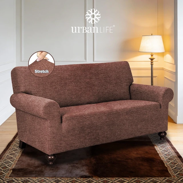 Alt view image 2 of 7 - URBANLIFE 1-Piece Stretch Sofa Covers for 2 Cushion Couch, Chocolate | Super fitted spandex slipcovers for couches. Non-slip elastic bottom. Machine washable furniture protector for kids & pets.