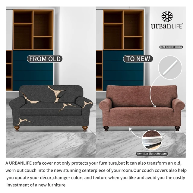 Alt view image 4 of 7 - URBANLIFE 1-Piece Stretch Sofa Covers for 2 Cushion Couch, Chocolate | Super fitted spandex slipcovers for couches. Non-slip elastic bottom. Machine washable furniture protector for kids & pets.