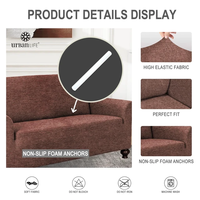 Alt view image 6 of 7 - URBANLIFE 1-Piece Stretch Sofa Covers for 2 Cushion Couch, Chocolate | Super fitted spandex slipcovers for couches. Non-slip elastic bottom. Machine washable furniture protector for kids & pets.