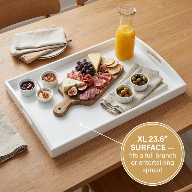 Alt view image 5 of 7 - Bam & Boo White Bamboo Serving Tray Extra Large with Handles for Food, Drinks, Storage, Decor, Vanity, Breakfast, Parties, Weddings, Picnics(23.6 x 15 x 2.35, White)