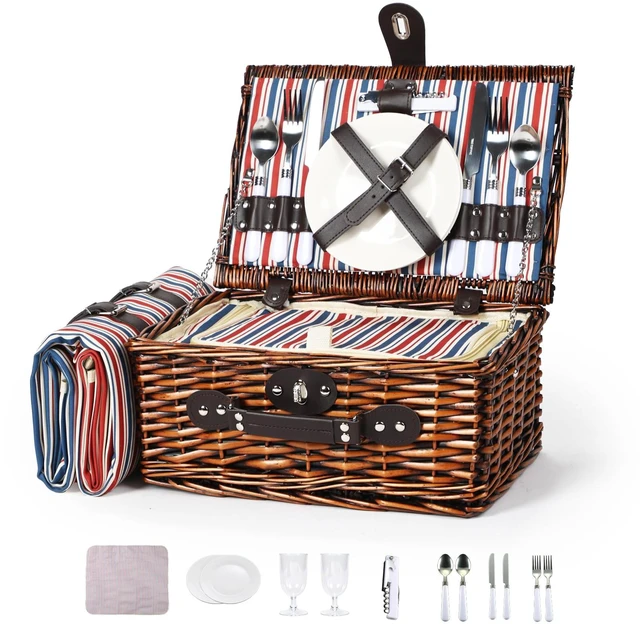 Main image of YPshuye Picnic Basket for 2 with Blanket and Cooler, Red White Blue Stripes | Waterproof Blanket and Insulated Food Bag Pack inside The Wicker Basket for Two-Person Park, Camping