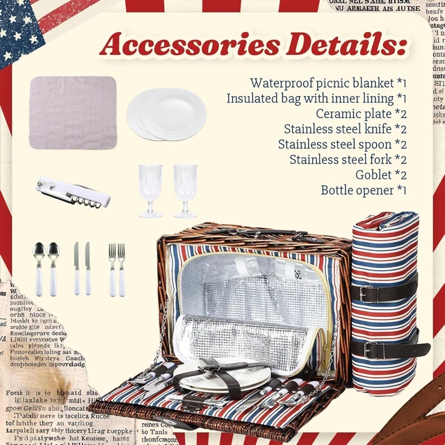 Alt view image 3 of 7 - YPshuye Picnic Basket for 2 with Blanket and Cooler, Red White Blue Stripes | Waterproof Blanket and Insulated Food Bag Pack inside The Wicker Basket for Two-Person Park, Camping