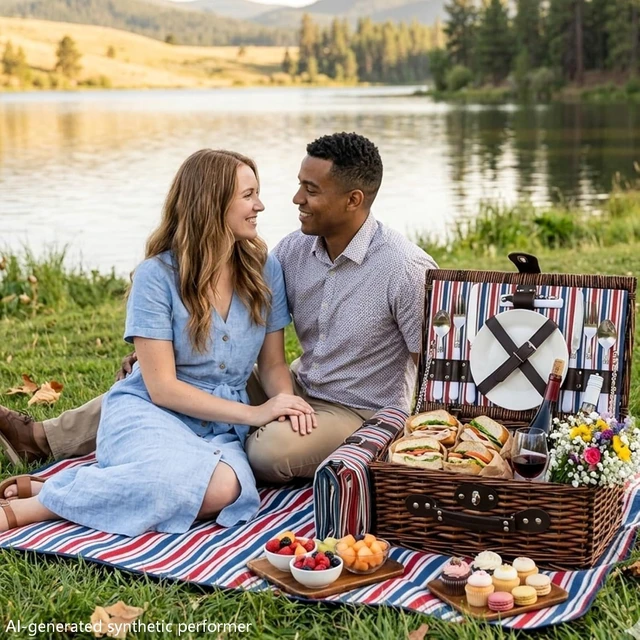 Alt view image 2 of 7 - YPshuye Picnic Basket for 2 with Blanket and Cooler, Red White Blue Stripes | Waterproof Blanket and Insulated Food Bag Pack inside The Wicker Basket for Two-Person Park, Camping