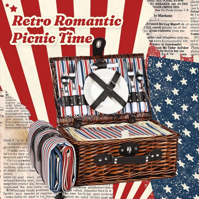 Alt view image 4 of 7 - YPshuye Picnic Basket for 2 with Blanket and Cooler, Red White Blue Stripes | Waterproof Blanket and Insulated Food Bag Pack inside The Wicker Basket for Two-Person Park, Camping