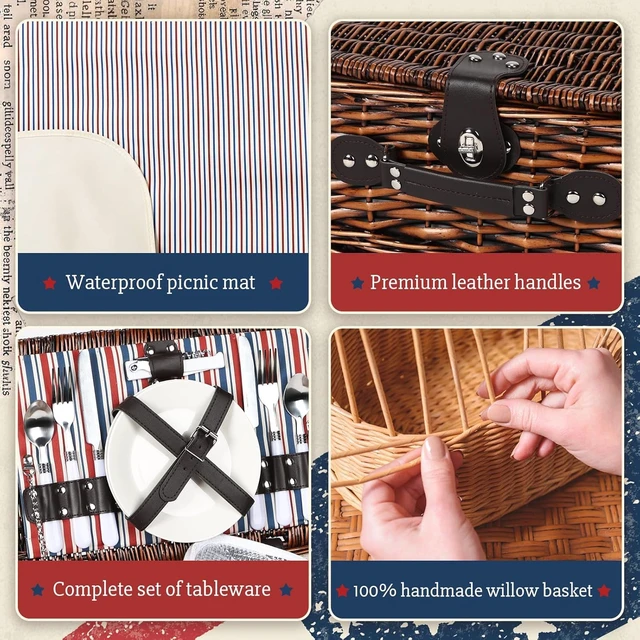 Alt view image 5 of 7 - YPshuye Picnic Basket for 2 with Blanket and Cooler, Red White Blue Stripes | Waterproof Blanket and Insulated Food Bag Pack inside The Wicker Basket for Two-Person Park, Camping