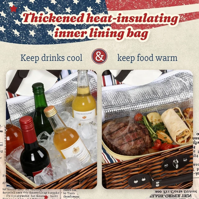 Alt view image 6 of 7 - YPshuye Picnic Basket for 2 with Blanket and Cooler, Red White Blue Stripes | Waterproof Blanket and Insulated Food Bag Pack inside The Wicker Basket for Two-Person Park, Camping