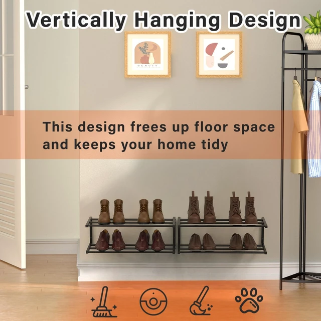 Alt view image 5 of 7 - XINWXSS Wall Mounted Shoe Organizer 2 Pack, 25.9 Inch Wall Mounted Shoe Rack Holds 12 Pairs, Space Saving Metal Wall Shoe Rack for Small Space, Entryway